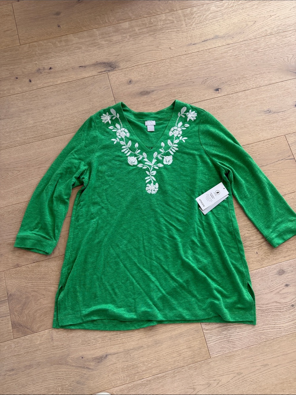 Chico's Embroidered Linen 3/4 Sleeve Tunic Women's Medium Green Floral - Picture 4 of 10